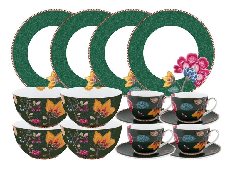 PIP STUDIO Fantasy Green Frühstücks Set Tasse mit Untertasse 12tlg