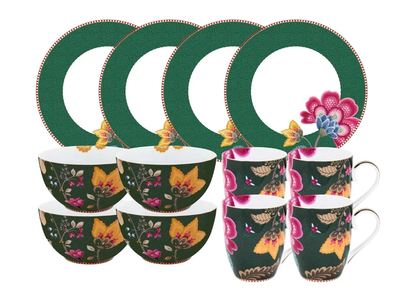 PIP STUDIO Fantasy Green Frühstücks Set Henkelbecher 12tlg